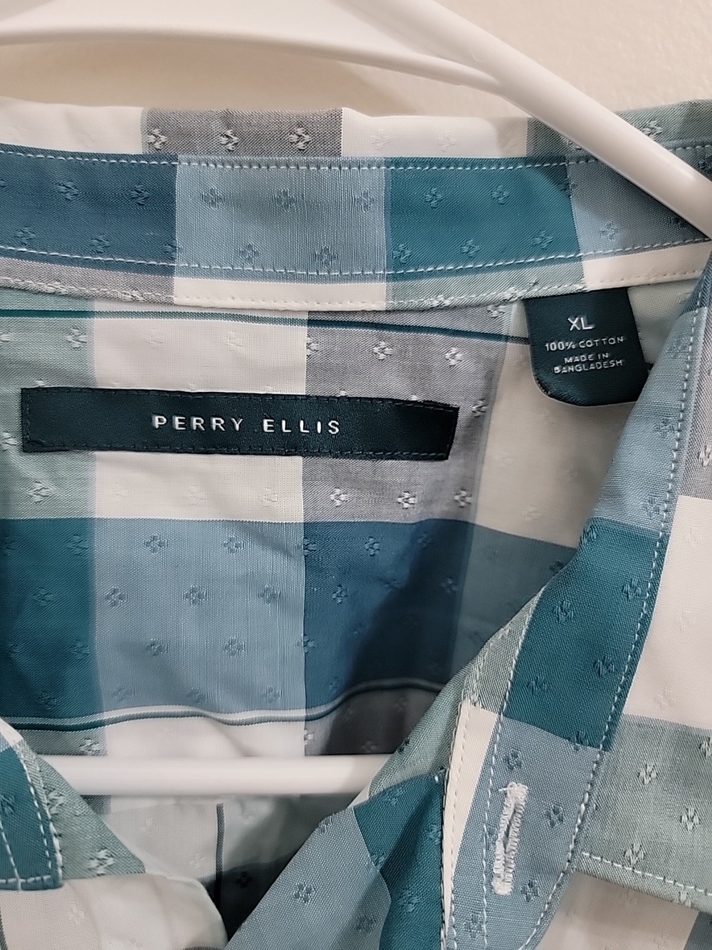 Perry Ellis Mens Plaid Short Sleeve Button Up Blue Trellis Dress Shirt Sz XL NWT - Picture 2 of 8